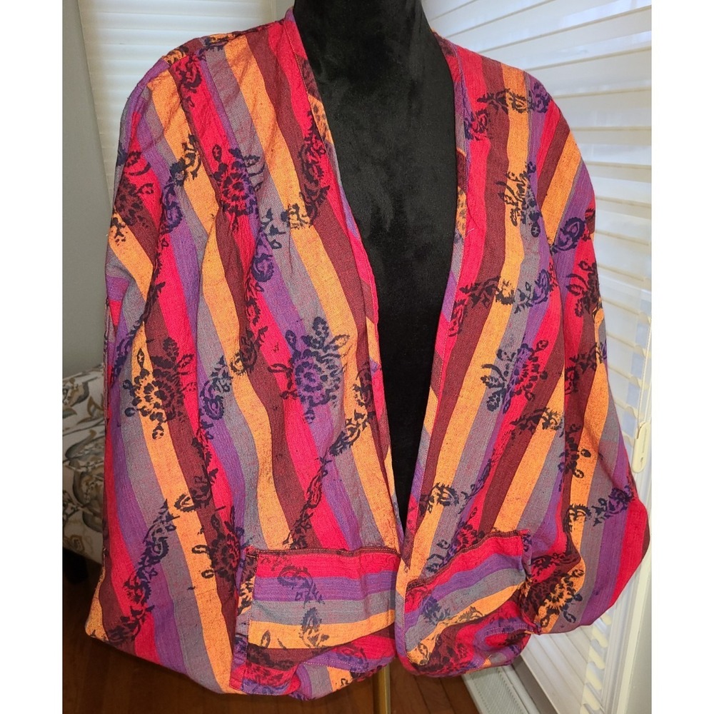 Made in Nepal Kimono Crop Jacket Colorful Pockets 100% Cotton BOHO Artwear Lg